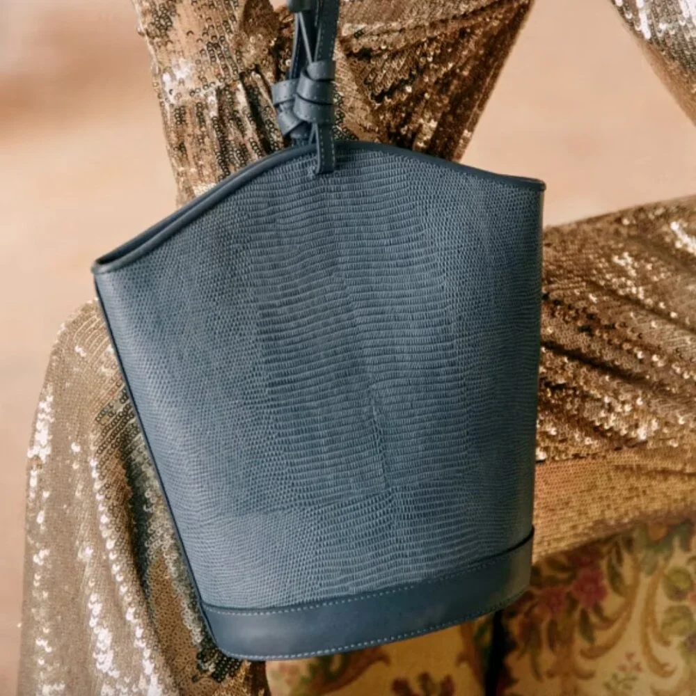 Sézane NWT Marli Bucket Bag in Embossed Denim Bi-Material - Picture 3 of 6